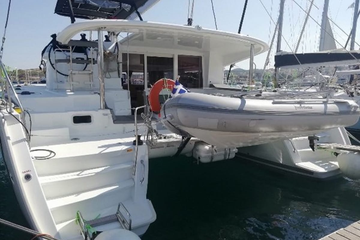 Exterior view of Tulip, a Lagoon 400 S2 catamaran at Lavreotiki Municipal Unit, Greece