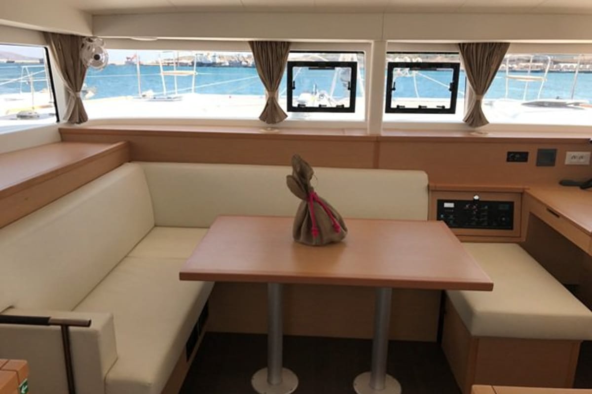 Salon of Tulip, a Lagoon 400 S2 catamaran at Lavreotiki Municipal Unit, Greece