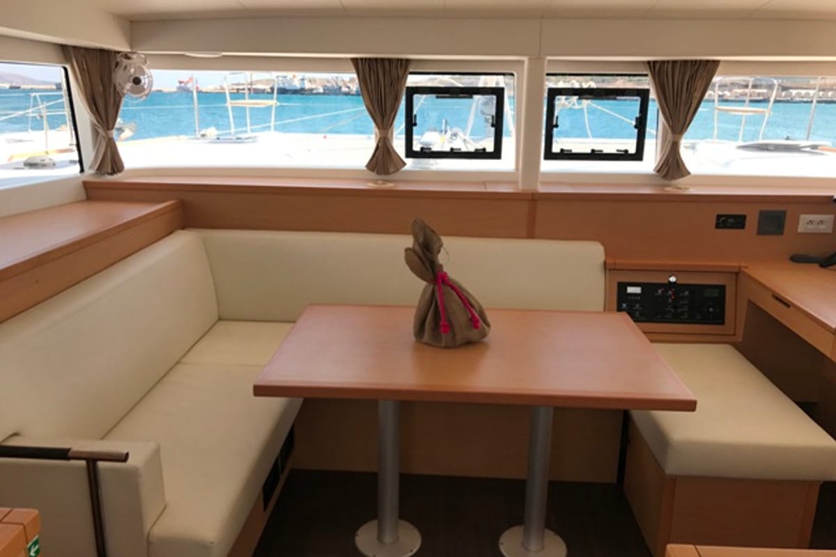 Salon of Tulip, a Lagoon 400 S2 catamaran at Lavreotiki Municipal Unit, Greece
