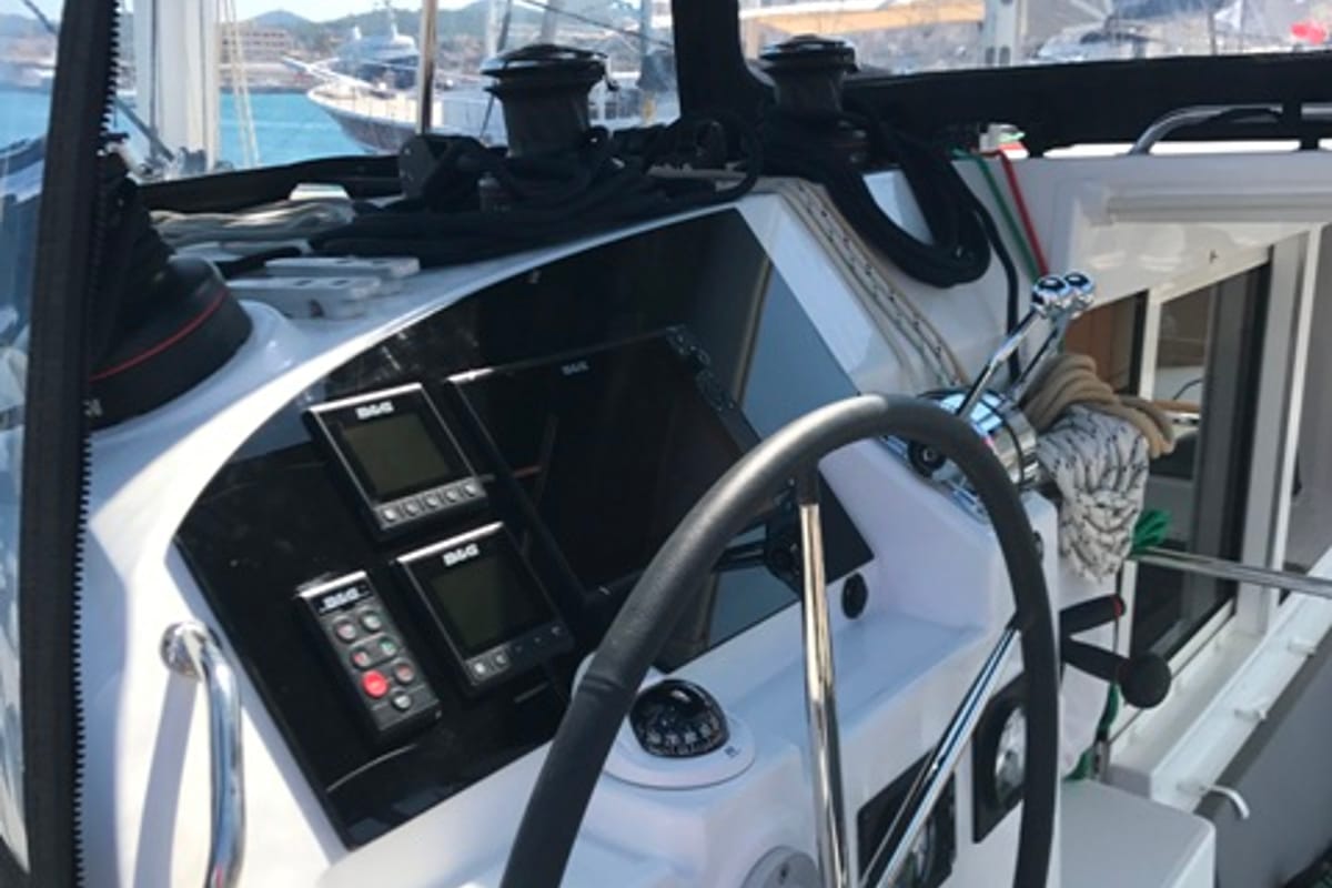 Cockpit of Tulip, a Lagoon 400 S2 catamaran at Lavreotiki Municipal Unit, Greece