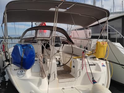 Deck of Paula, a Bavaria 37 Cruiser sailboat at Kontokali, Greece