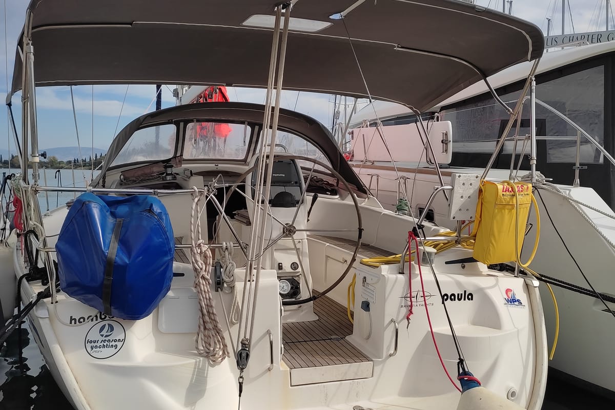 Deck of Paula, a Bavaria 37 Cruiser sailboat at Kontokali, Greece