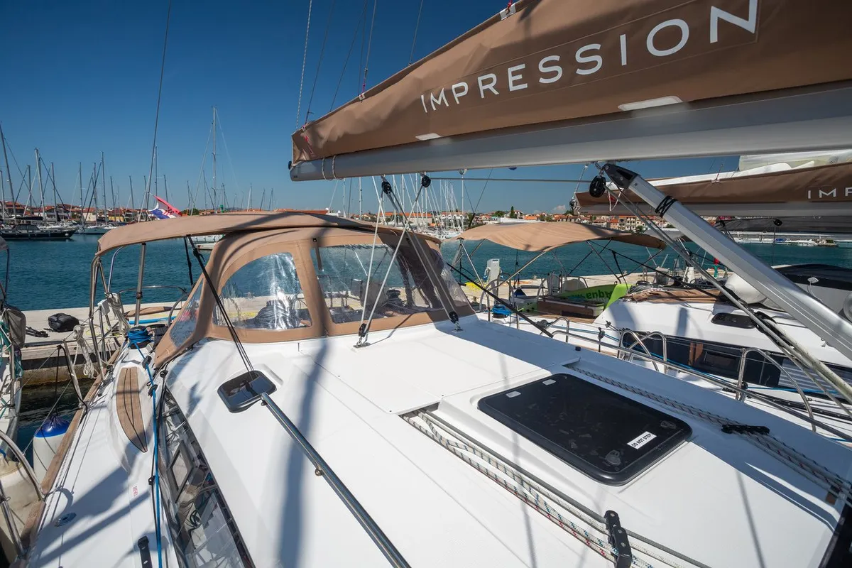 Deck of Vera, a Elan Impression 45 sailboat at Split, Croatia