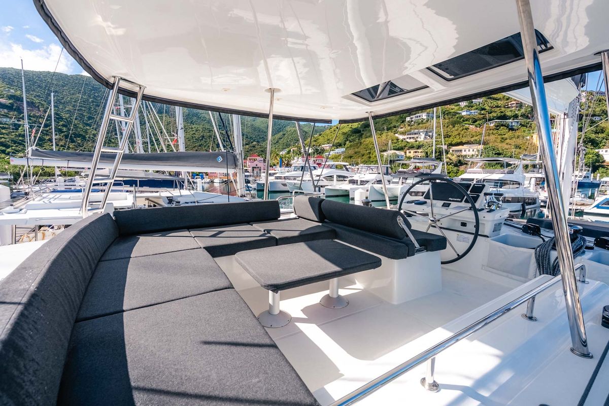 Deck of Moondance, a Lagoon 51 OW catamaran at Road Town, British Virgin Islands