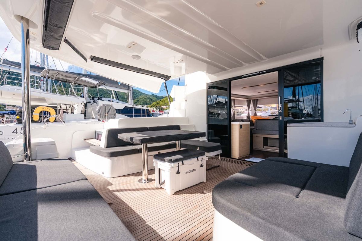 Deck of Moondance, a Lagoon 51 OW catamaran at Road Town, British Virgin Islands