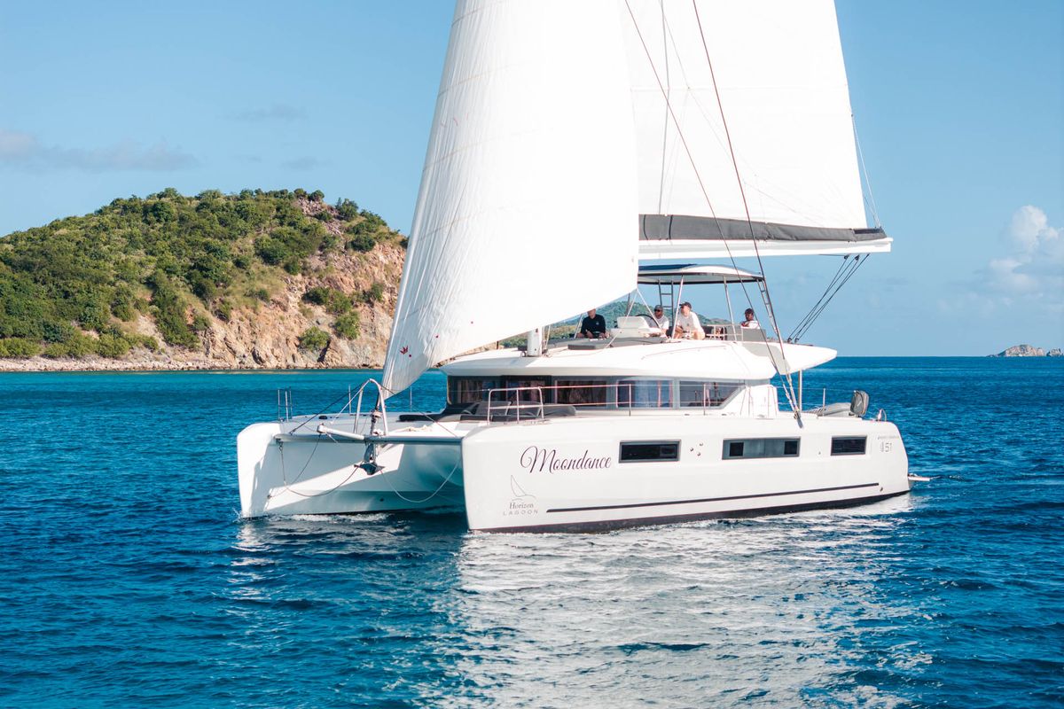 Exterior view of Moondance, a Lagoon 51 OW catamaran at Road Town, British Virgin Islands