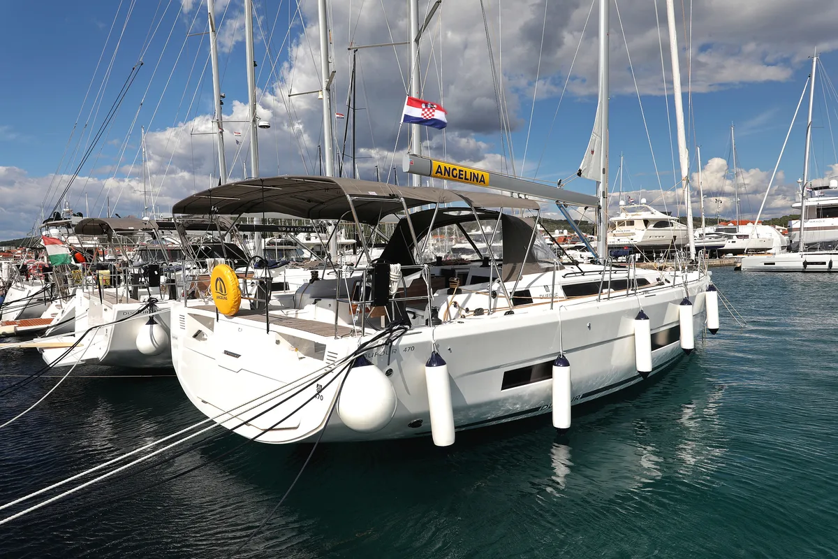 Exterior view of Blue Moon, a Dufour 470 sailboat at Primošten, Croatia