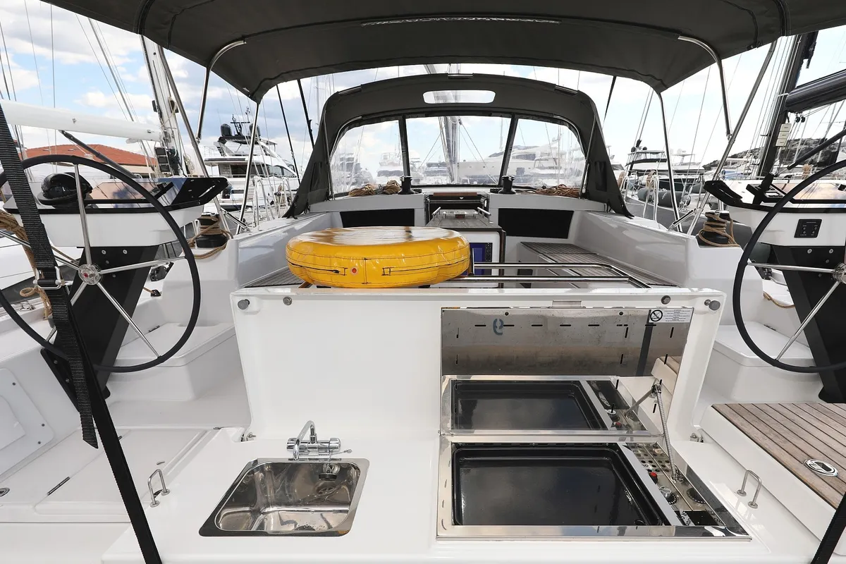 Deck of Blue Moon, a Dufour 470 sailboat at Primošten, Croatia