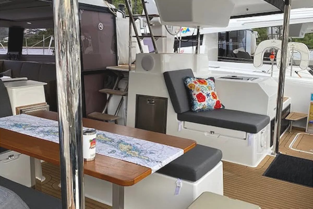 Deck of Parrot Ice, a Fountaine Pajot Saona 47 catamaran at Road Town, British Virgin Islands