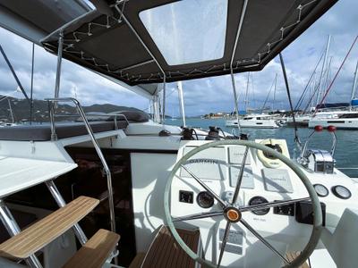 Cockpit of Parrot Ice, a Fountaine Pajot Saona 47 catamaran at Road Town, British Virgin Islands
