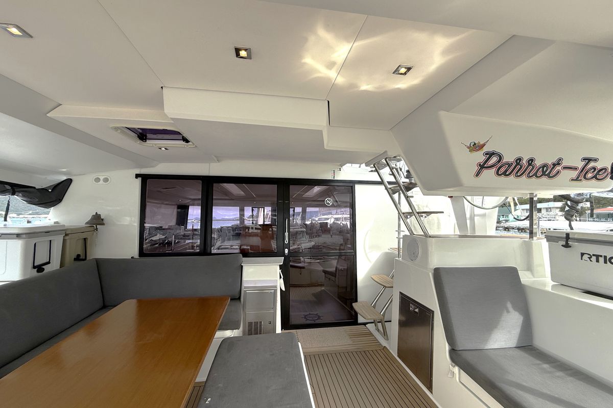 Deck of Parrot Ice, a Fountaine Pajot Saona 47 catamaran at Road Town, British Virgin Islands