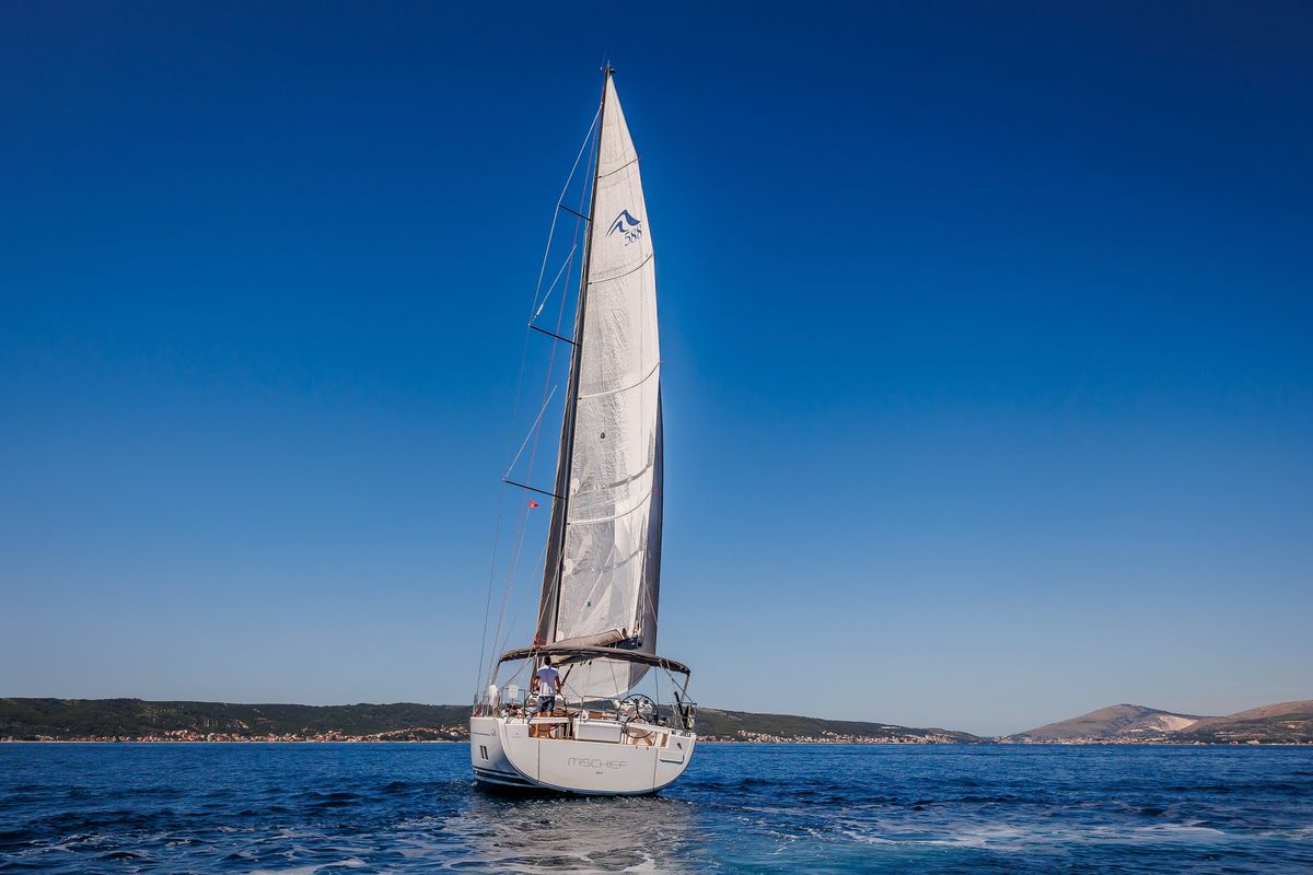 Exterior view of Mischief 2.0, a Hanse Yachts Hanse 588 sailboat at Općina Sukošan, Croatia