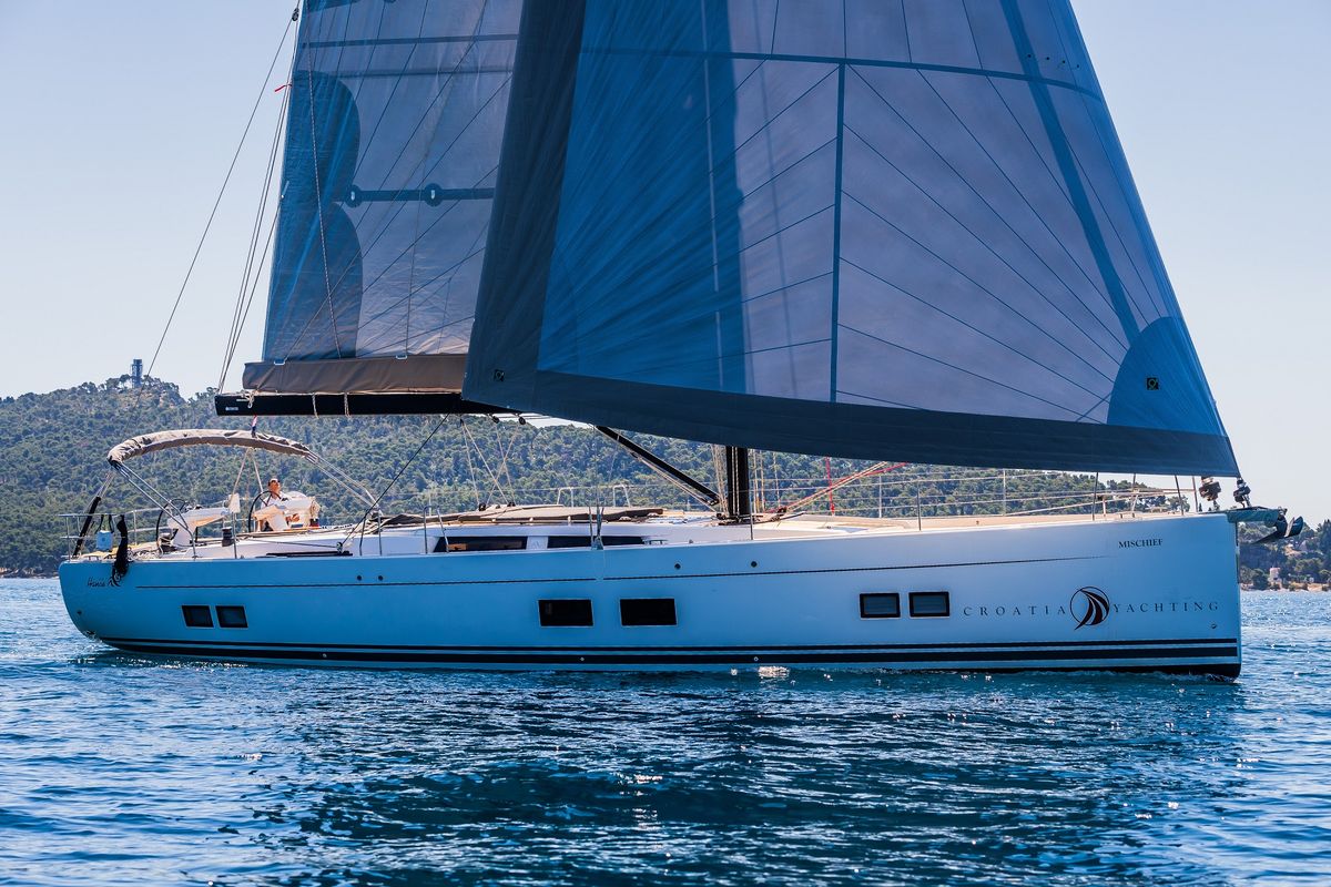 Exterior view of Mischief 2.0, a Hanse Yachts Hanse 588 sailboat at Općina Sukošan, Croatia