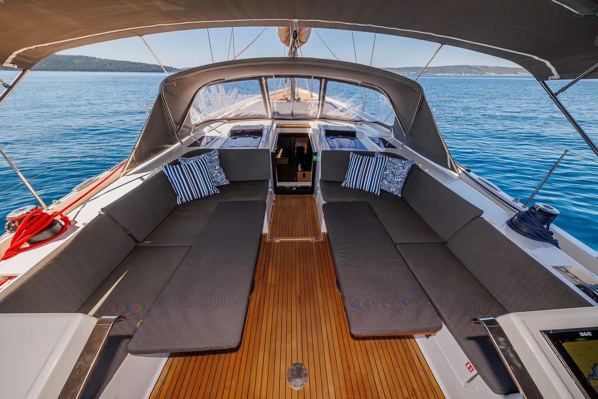 Deck of Mischief 2.0, a Hanse Yachts Hanse 588 sailboat at Općina Sukošan, Croatia