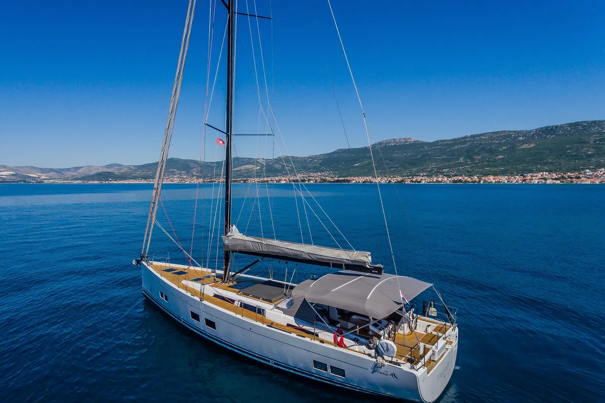 Exterior view of Mischief 2.0, a Hanse Yachts Hanse 588 sailboat at Općina Sukošan, Croatia