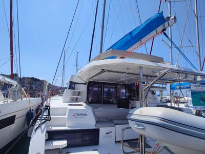 Exterior view of Nicot, a Leopard 42 catamaran at Procida, Italy