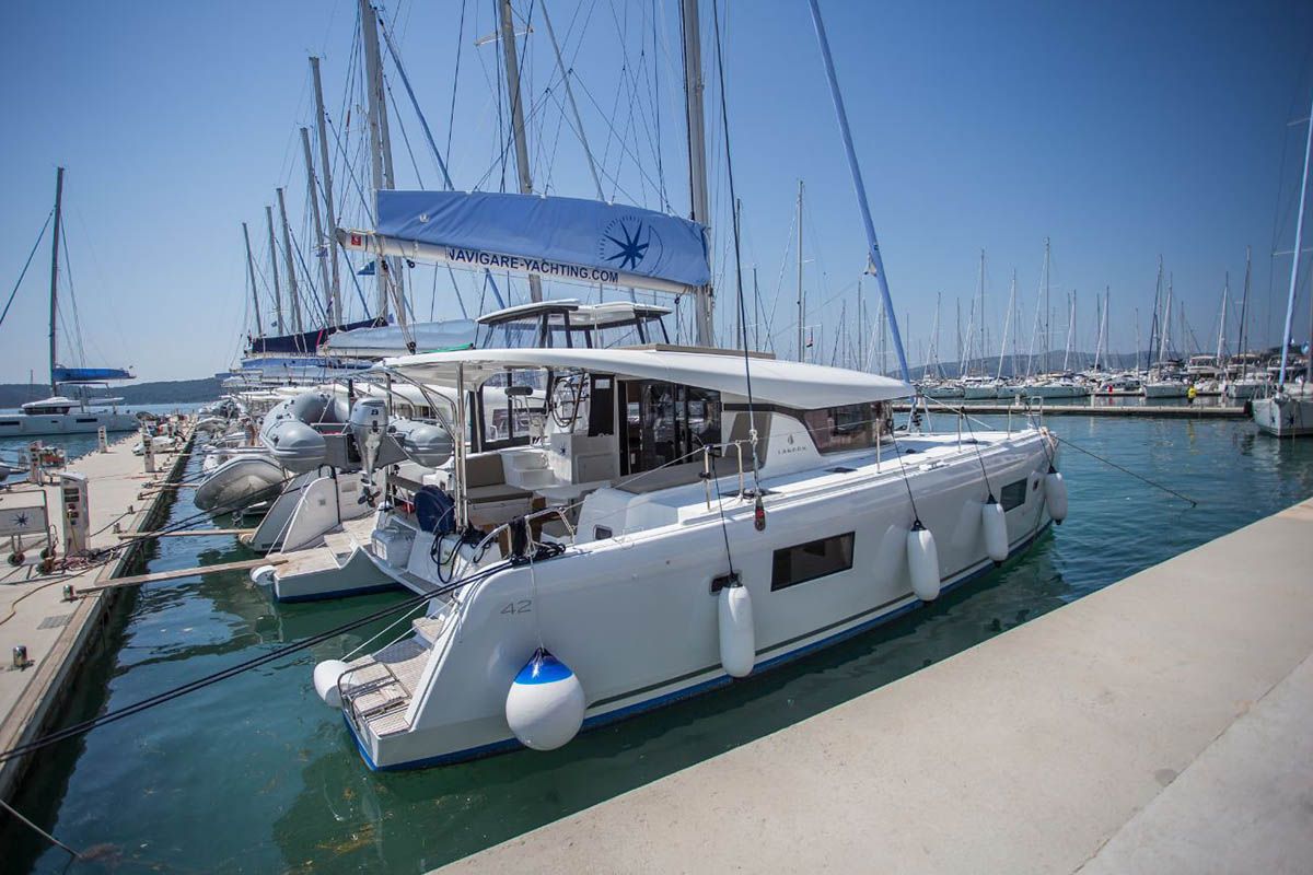 Exterior view of SoulXplore, a Lagoon 42 catamaran at Athens, Greece