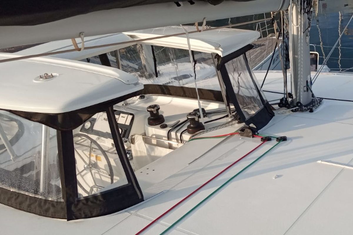 Cockpit of Memi, a Lagoon 42 catamaran at Palermo, Italy