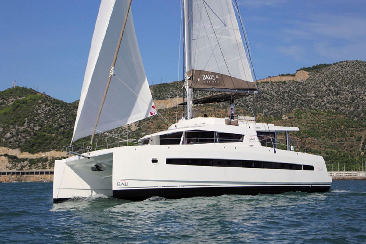 Exterior view of License to chill, a Bali 5.4 catamaran at Athens, Greece
