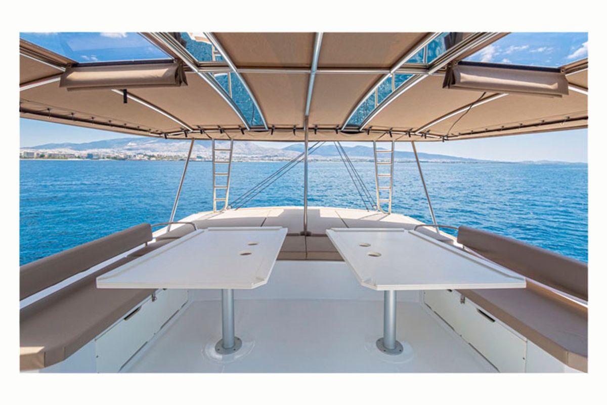 Deck of License to chill, a Bali 5.4 catamaran at Athens, Greece