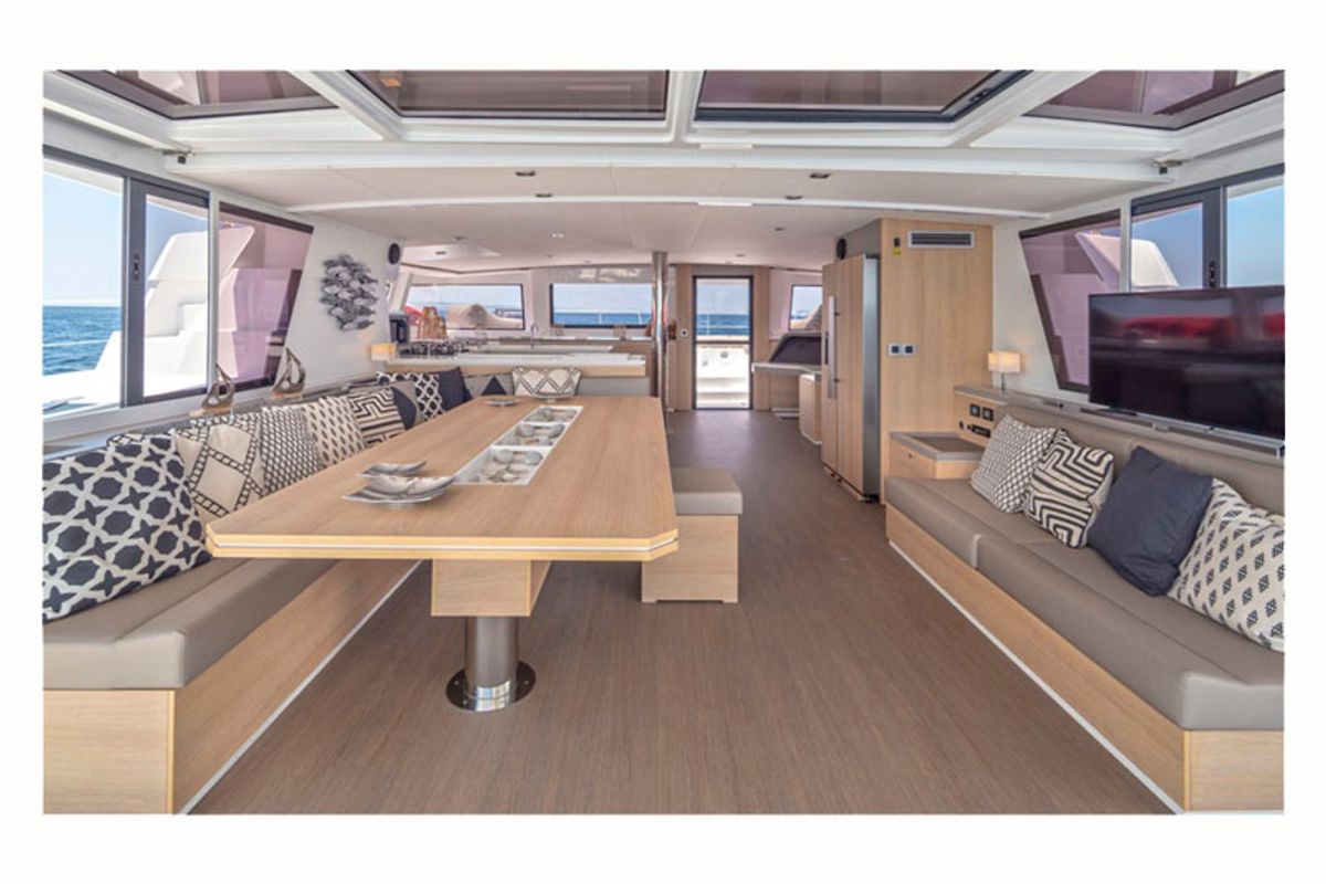 Salon of License to chill, a Bali 5.4 catamaran at Athens, Greece