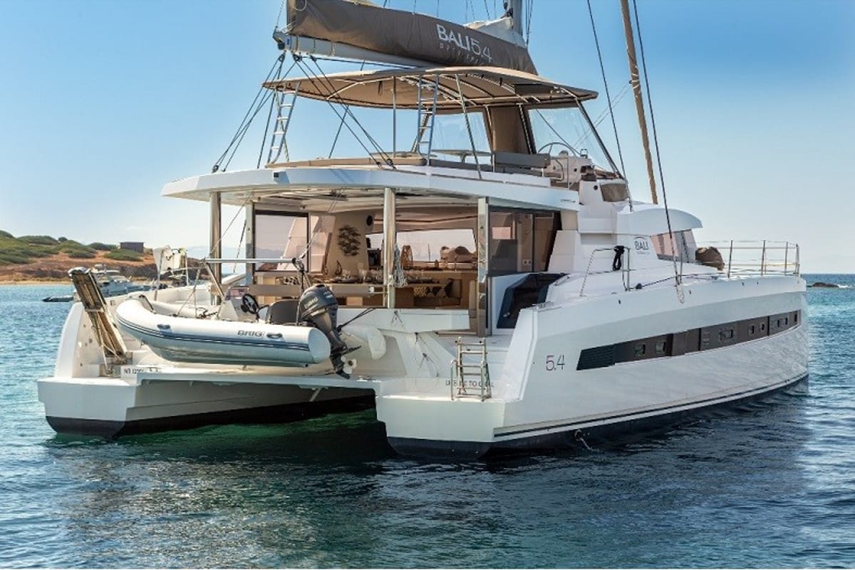 Exterior view of License to chill, a Bali 5.4 catamaran at Athens, Greece
