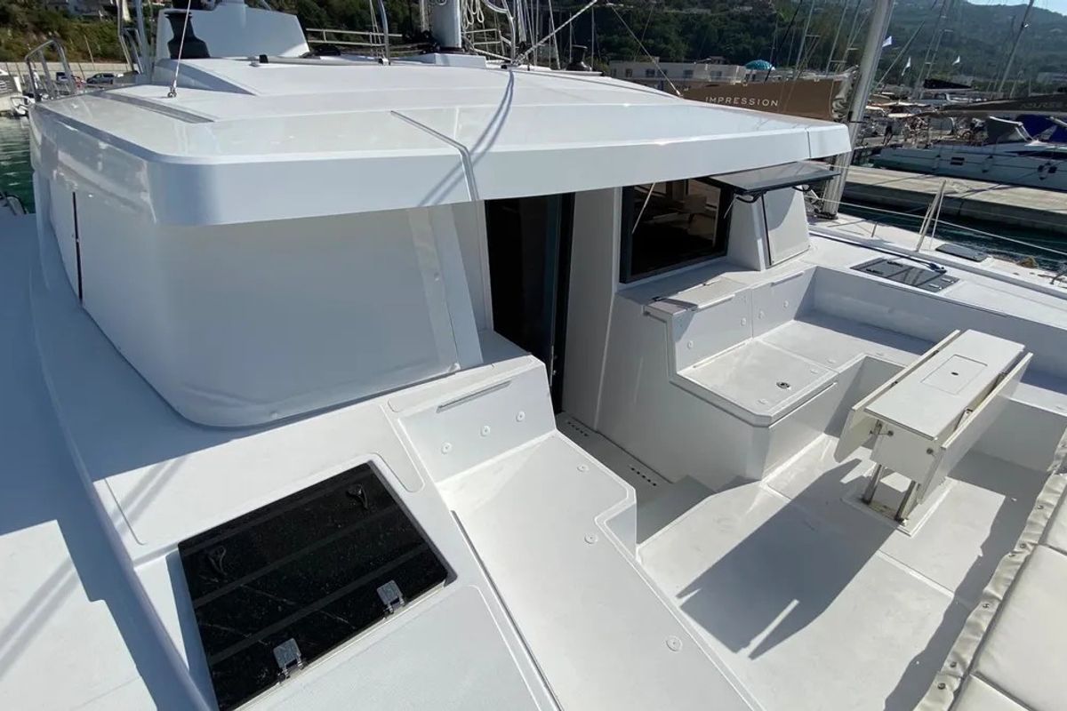 Deck of Anna, a Bali 4.8 catamaran at Capo d'Orlando, Italy