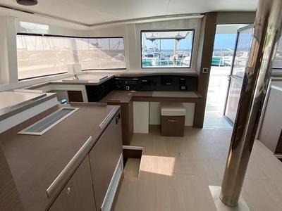 Cockpit of Anna, a Bali 4.8 catamaran at Capo d'Orlando, Italy