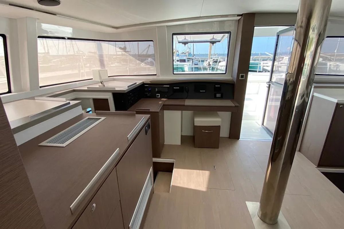 Cockpit of Anna, a Bali 4.8 catamaran at Capo d'Orlando, Italy