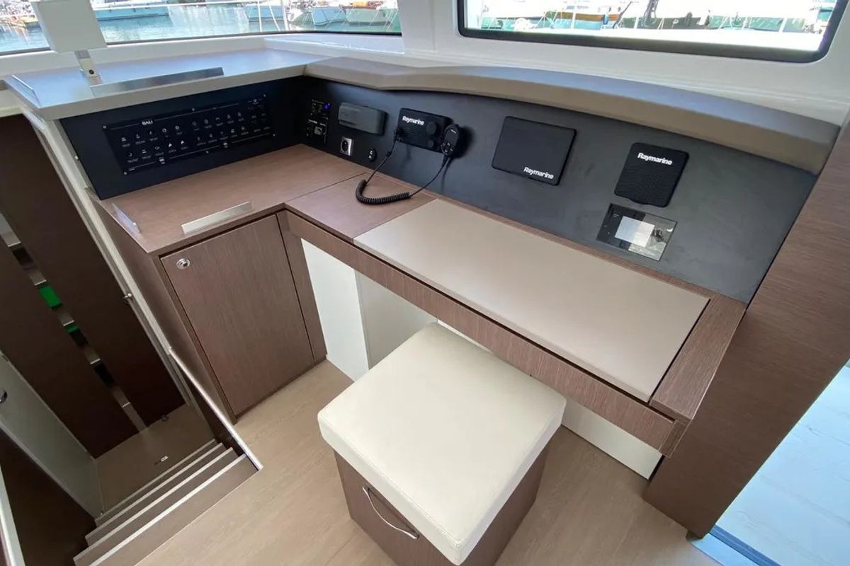 Cockpit of Anna, a Bali 4.8 catamaran at Capo d'Orlando, Italy