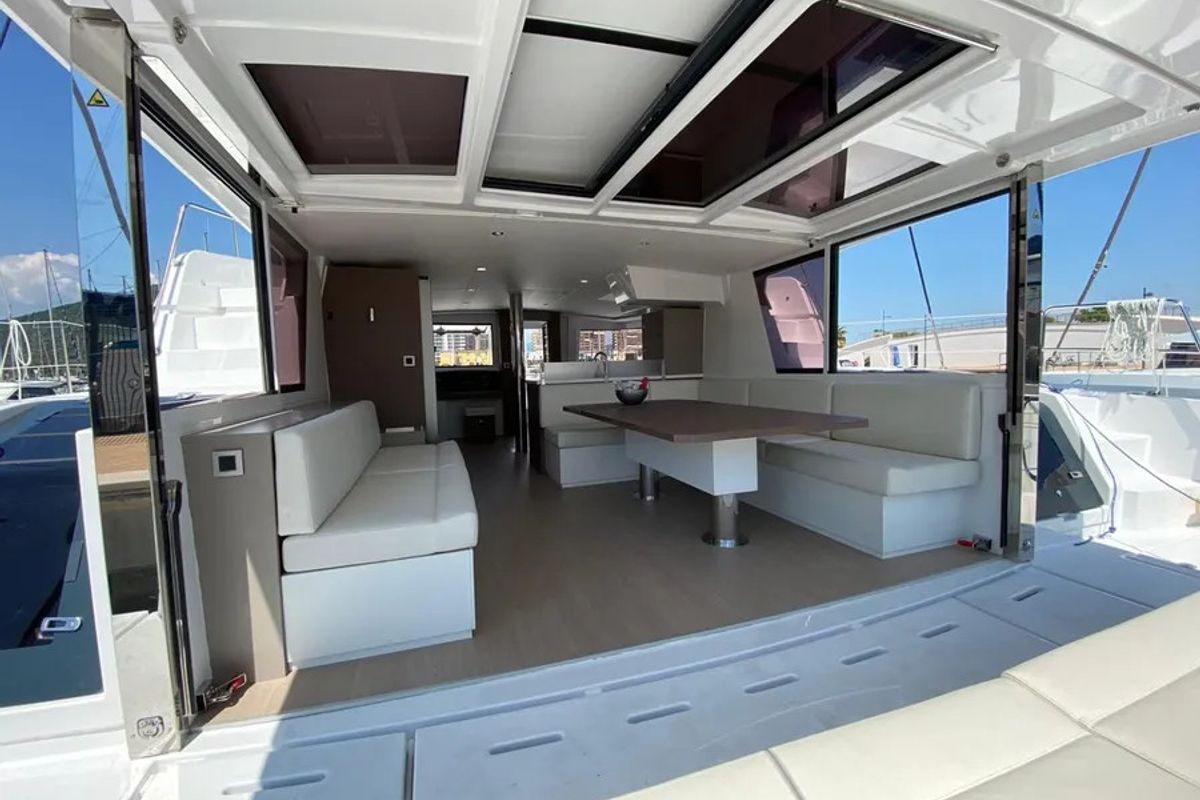 Deck of Anna, a Bali 4.8 catamaran at Capo d'Orlando, Italy