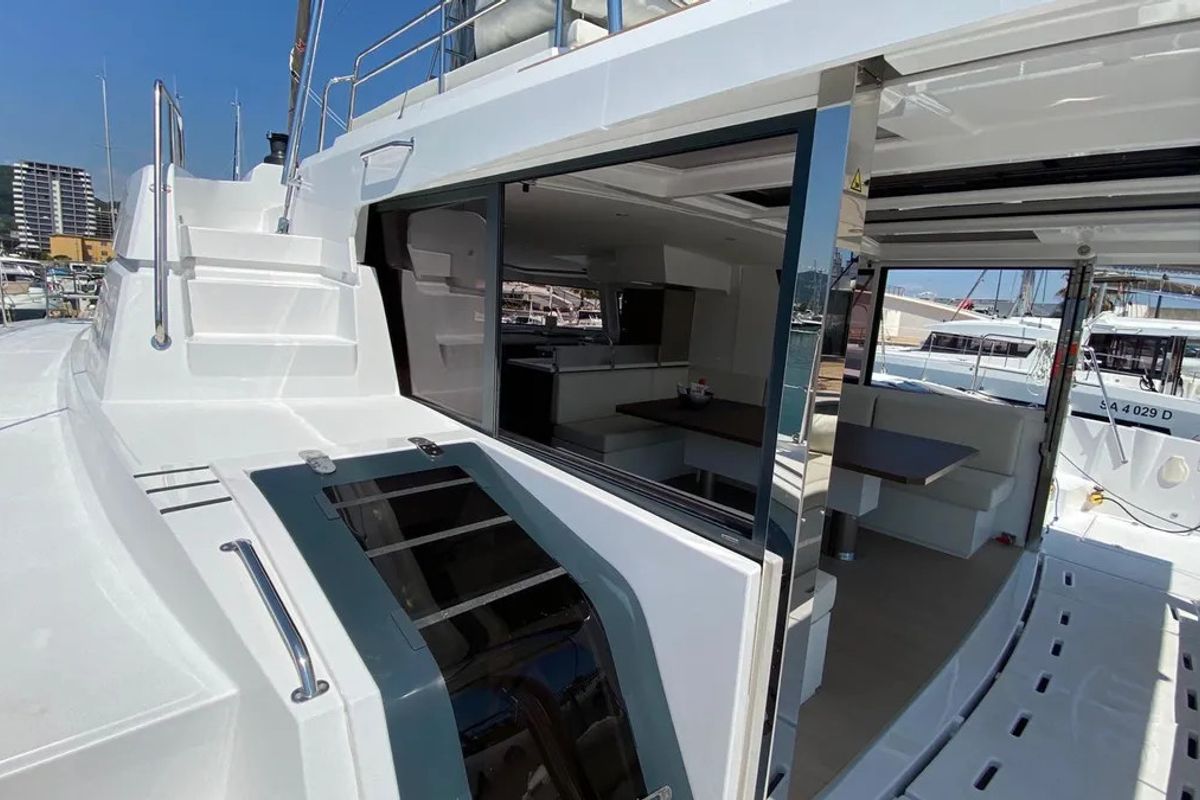 Deck of Anna, a Bali 4.8 catamaran at Capo d'Orlando, Italy