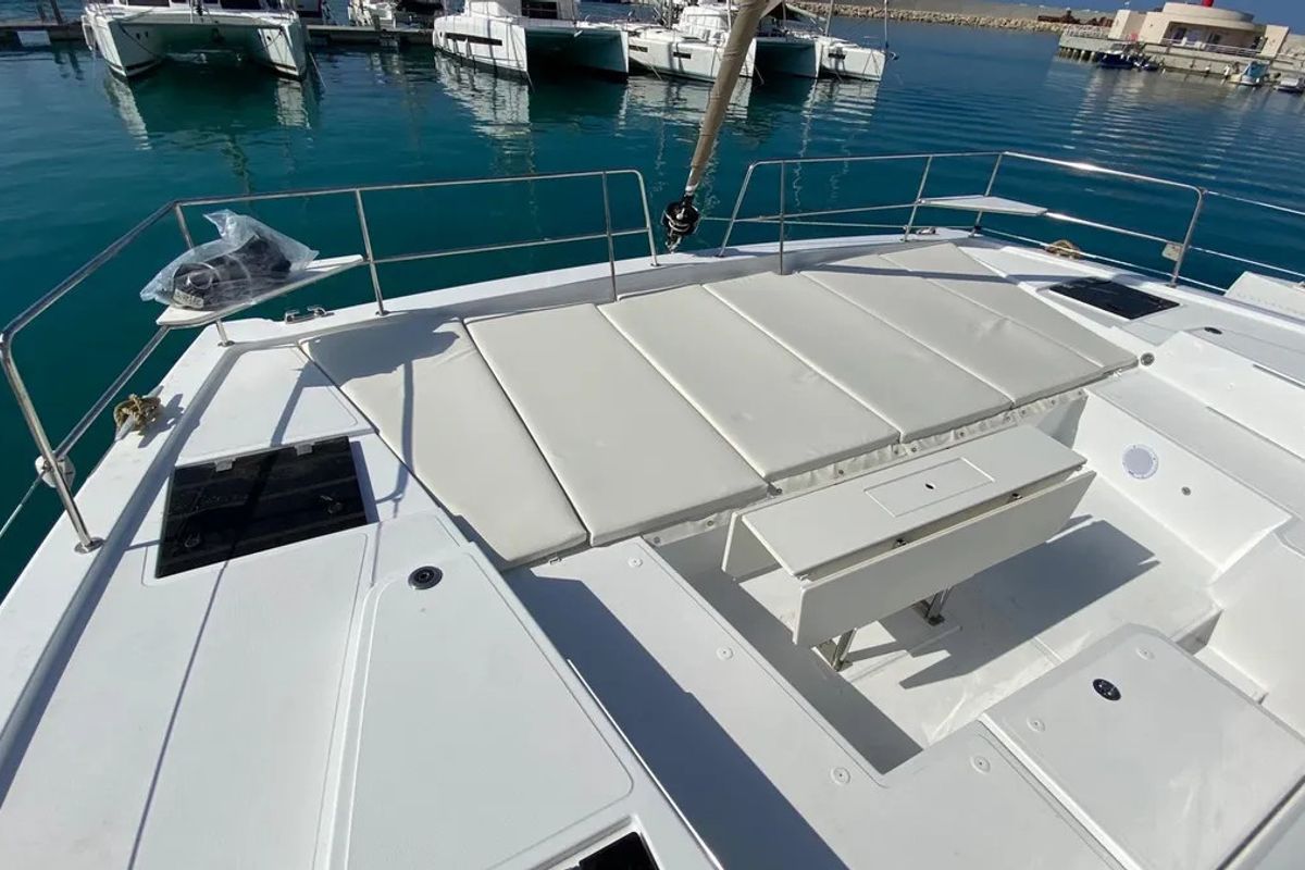 Deck of Anna, a Bali 4.8 catamaran at Capo d'Orlando, Italy