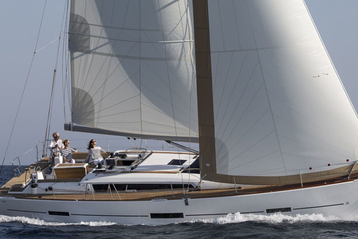 Exterior view of Avior, a Dufour 460 Grand Large sailboat at Cagliari, Italy