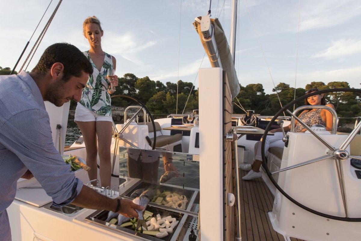 Deck of Avior, a Dufour 460 Grand Large sailboat at Cagliari, Italy