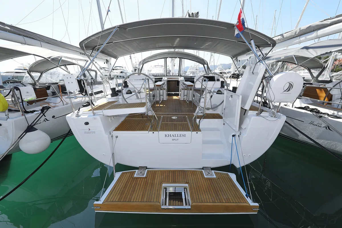 Exterior view of Khaleesi, a Hanse Yachts Hanse 508 sailboat at Grad Kaštela, Croatia