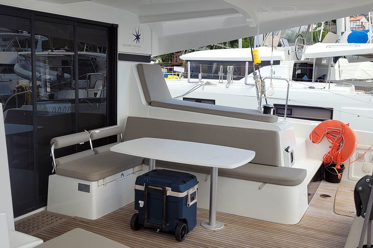 Deck of Katja BAH, a Lagoon 42 catamaran at Central Abaco, Bahamas