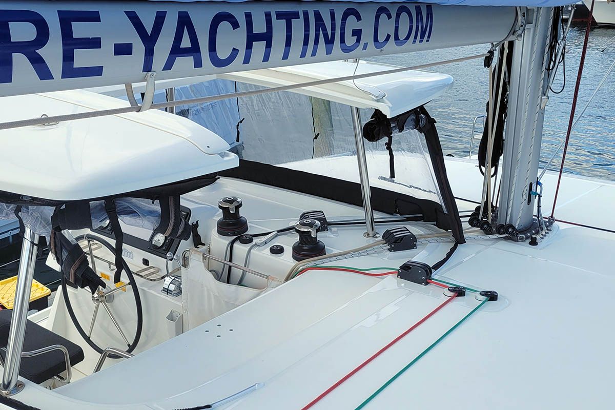 Cockpit of Katja BAH, a Lagoon 42 catamaran at Central Abaco, Bahamas