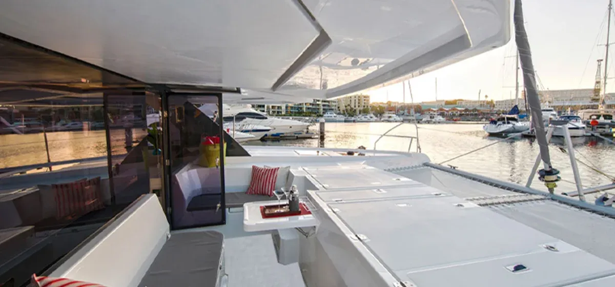 Deck of Sunsail 454L Premium, a Leopard 45 catamaran at Road Town, British Virgin Islands