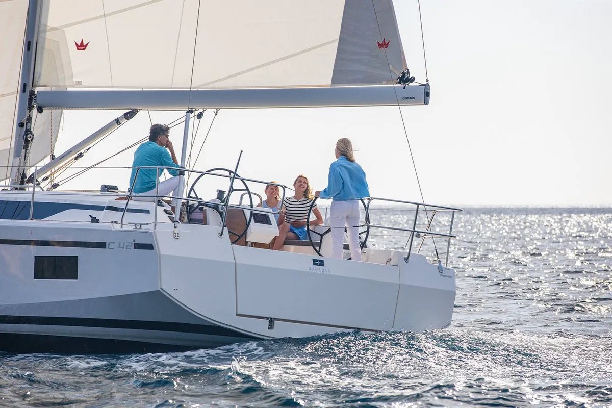Exterior view of Juju, a Bavaria C42 sailboat at Fethiye, Turkey