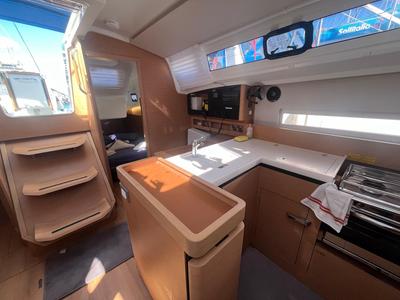 Galley of Brasilia, a Jeanneau Sun Odyssey 410 sailboat at Cannigione, Italy