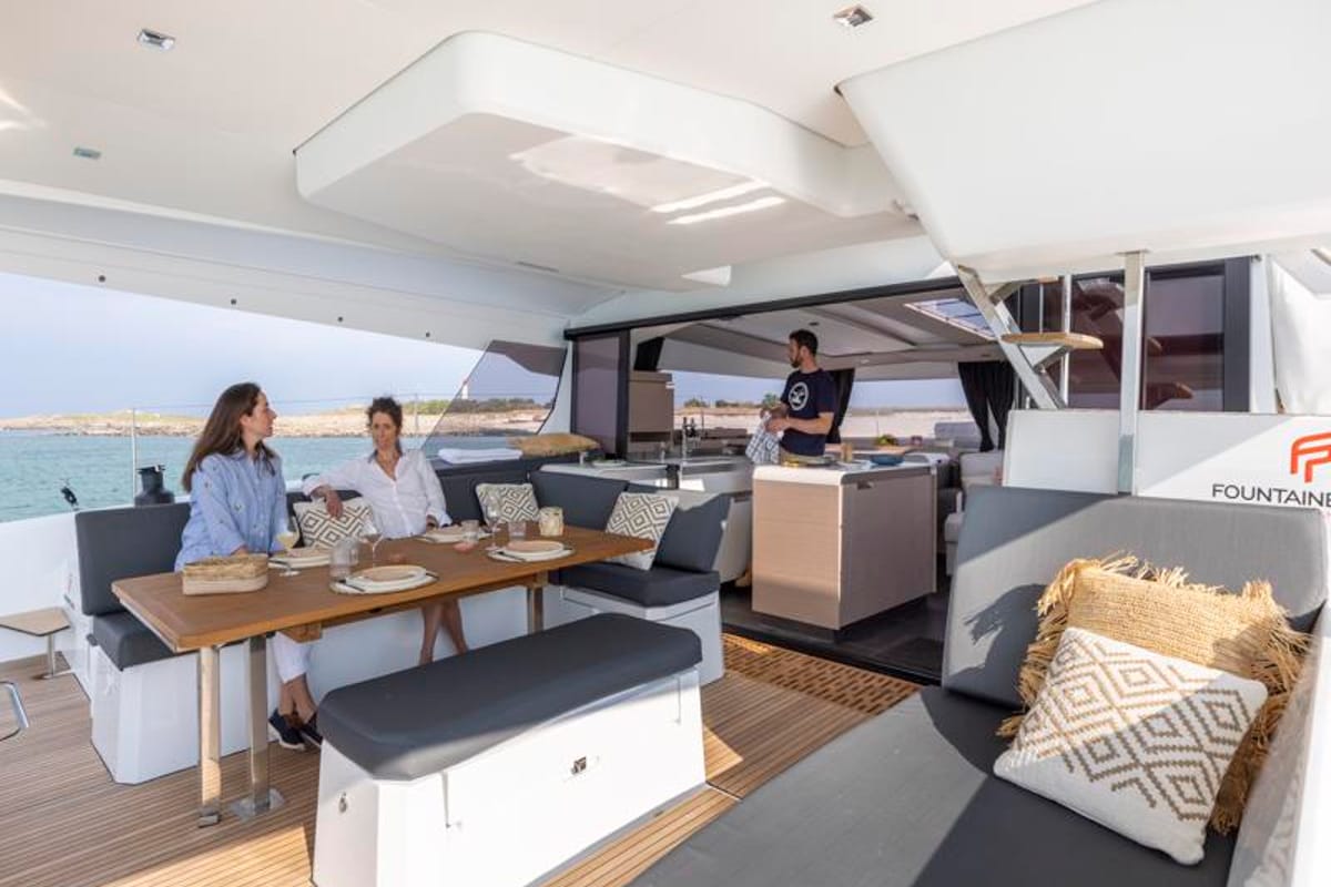 Deck of Veganic CRB, a Fountaine Pajot Aura 51 catamaran at Alameda, United States