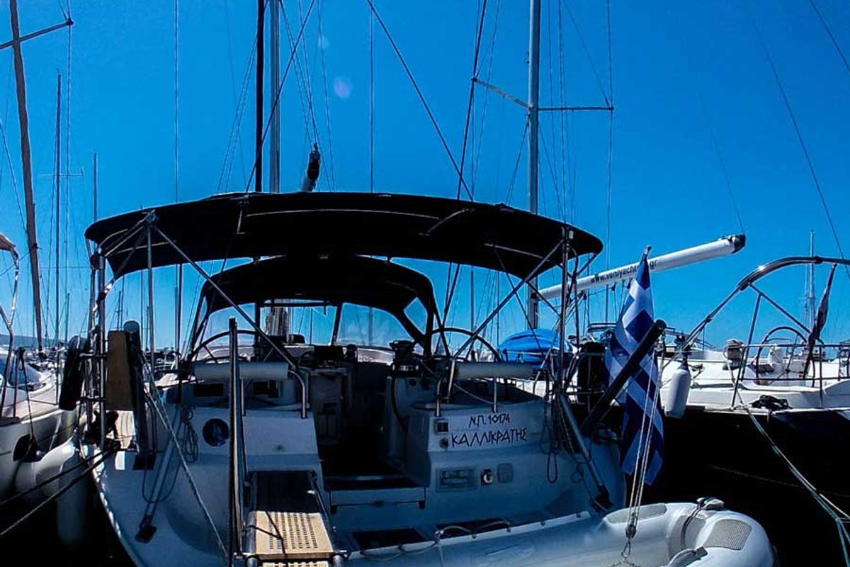 Deck of Kallikratis, a Ocean Star 56.1 sailboat at Marina Delta Kallithea, Greece