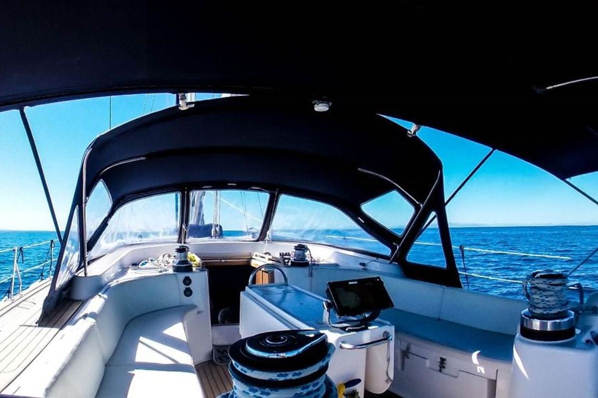 Cockpit of Kallikratis, a Ocean Star 56.1 sailboat at Marina Delta Kallithea, Greece
