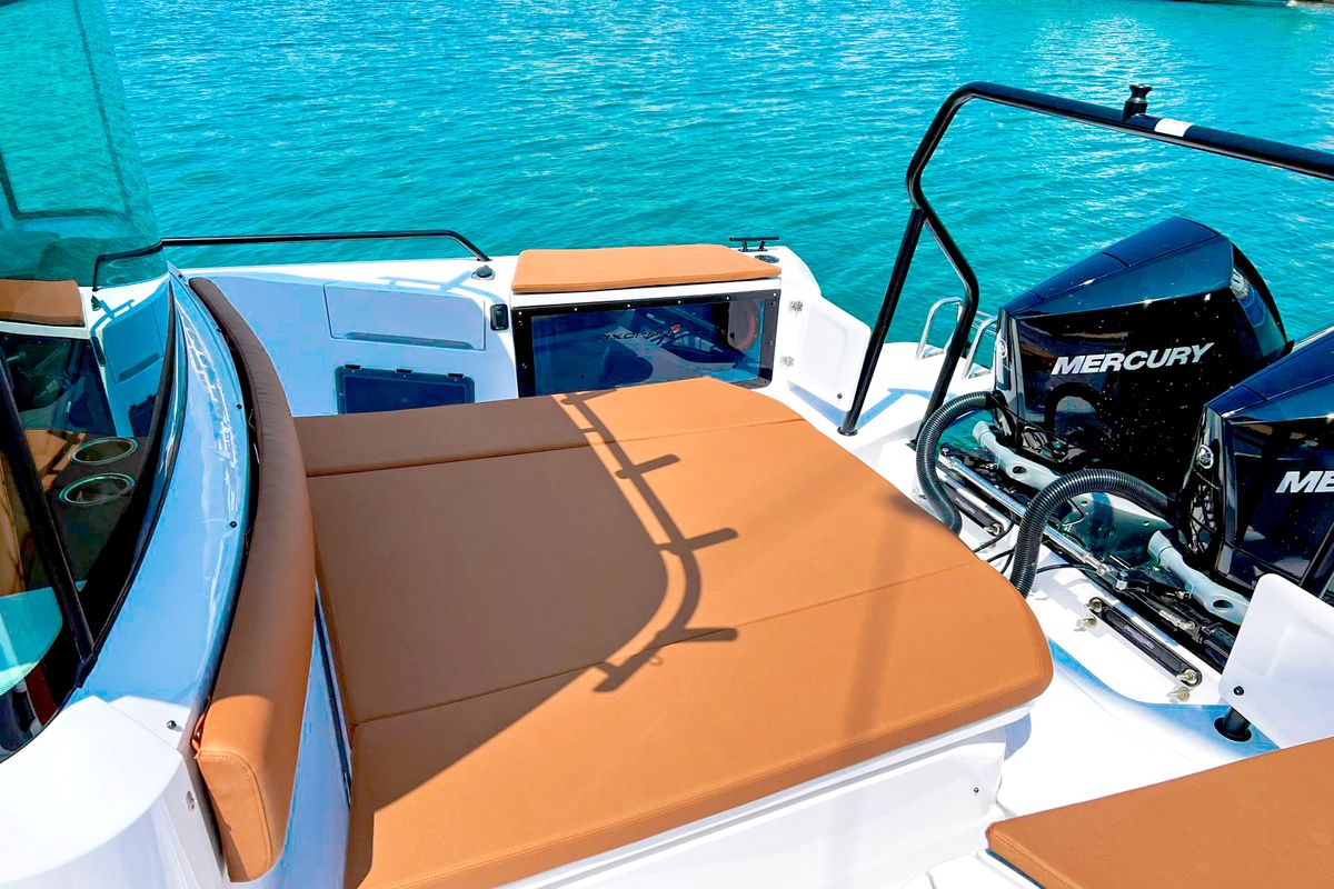 Deck of KAIZEN, a Axopar 37 XC Cross Cabin motorboat at Chania, Greece