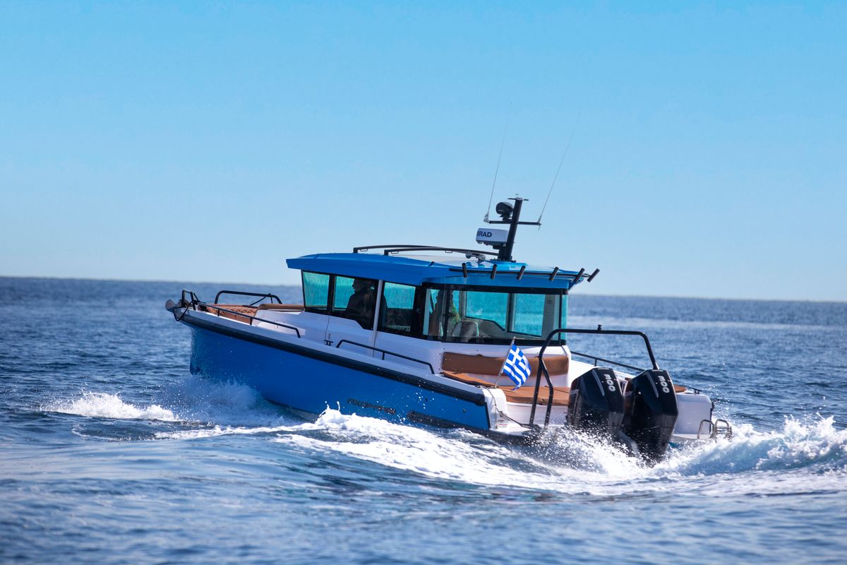 Exterior view of KAIZEN, a Axopar 37 XC Cross Cabin motorboat at Chania, Greece