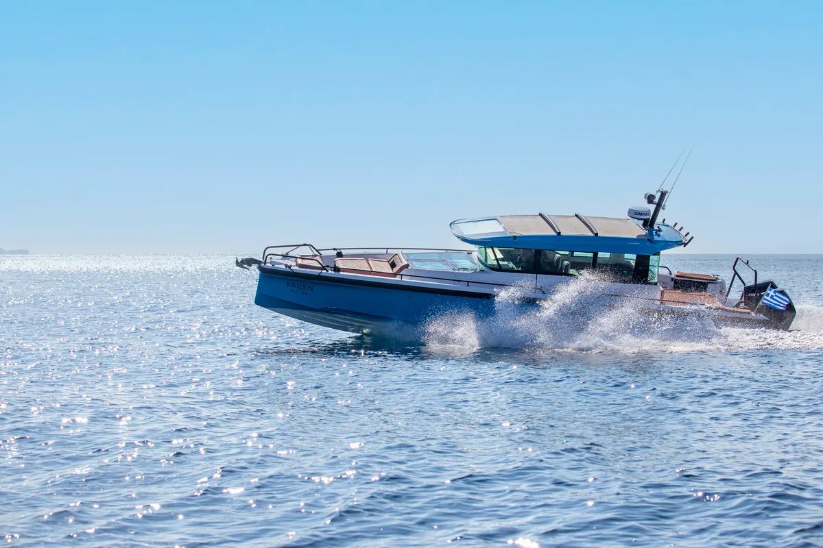 Exterior view of KAIZEN, a Axopar 37 XC Cross Cabin motorboat at Chania, Greece