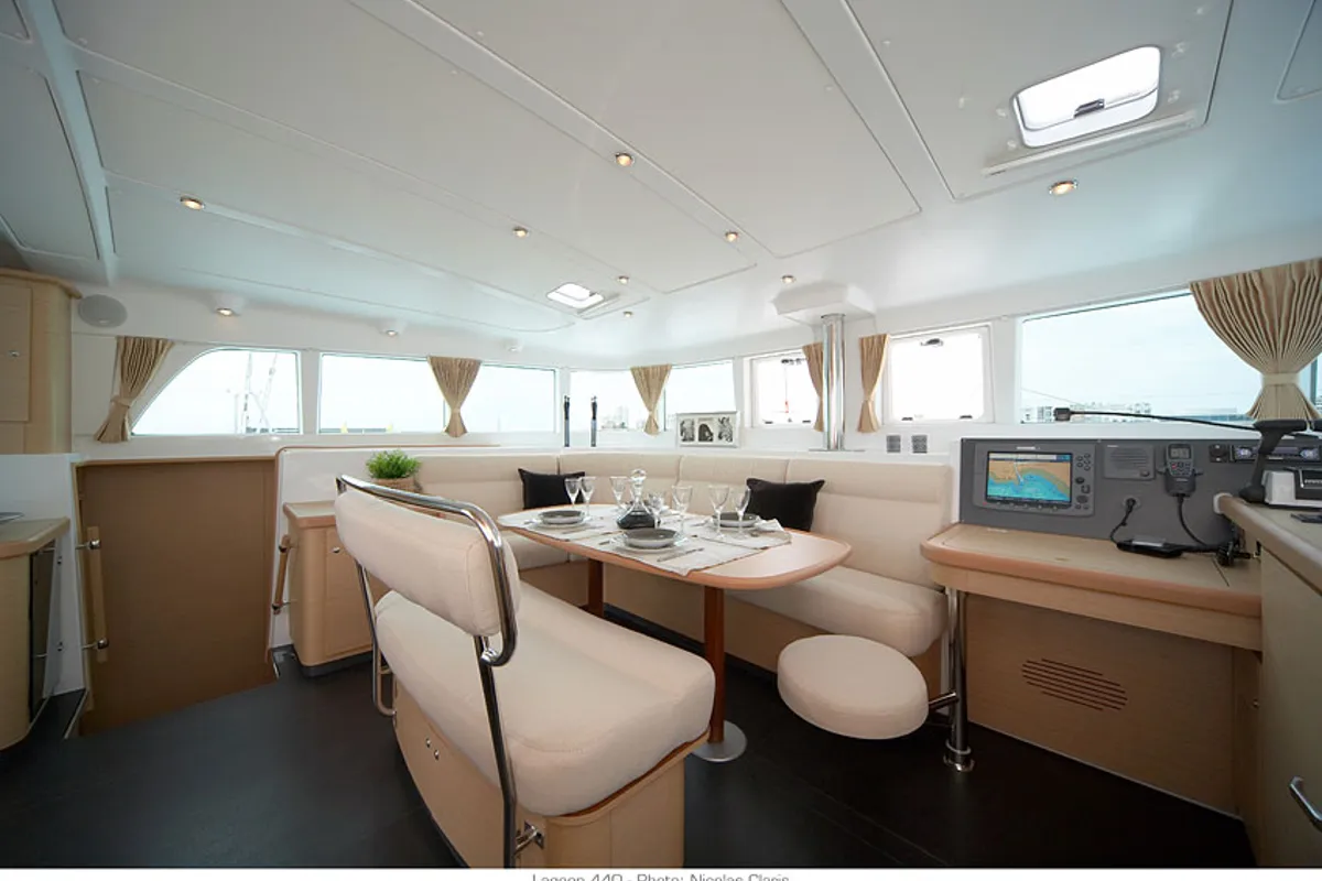 Cockpit of Strawberry, a Lagoon 440 catamaran at Preveza, Greece