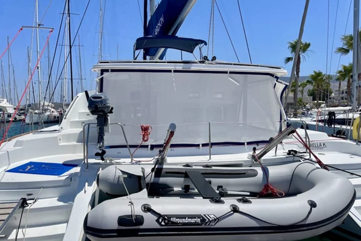Exterior view of Strawberry, a Lagoon 440 catamaran at Preveza, Greece