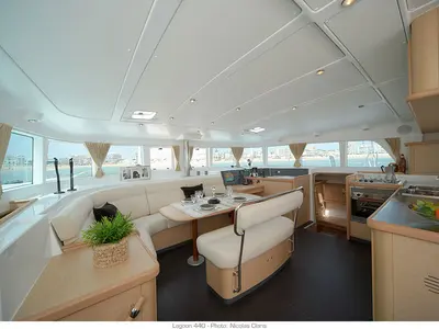 Salon of Strawberry, a Lagoon 440 catamaran at Preveza, Greece